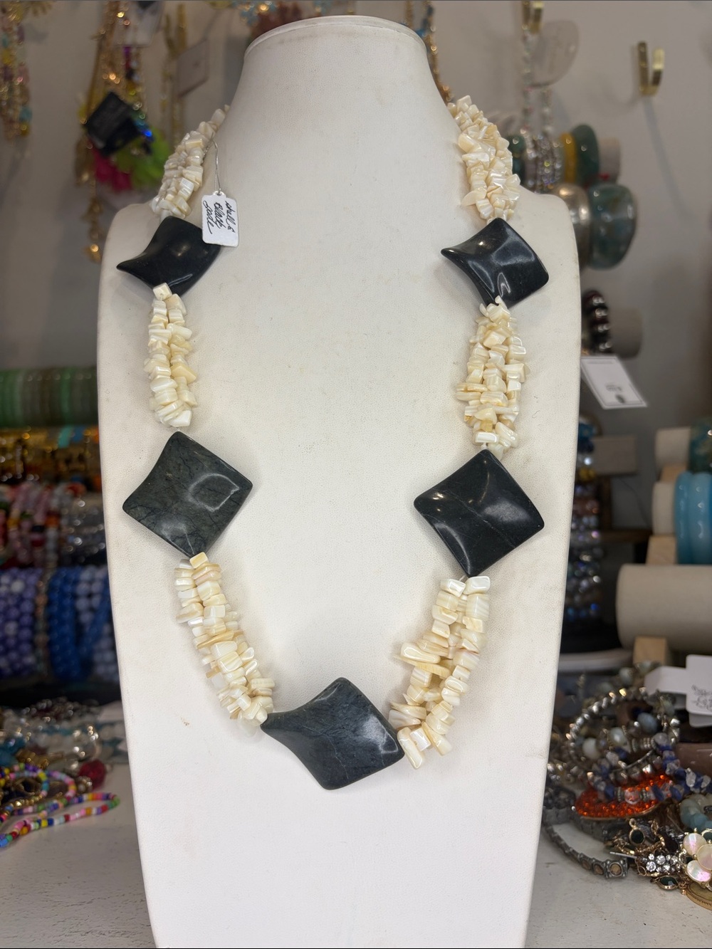 Handcrafted Cream Shell & Black Jade Stone Necklace